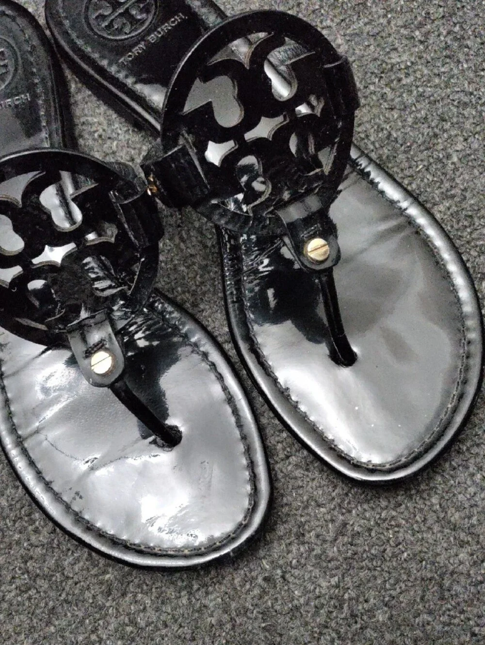 Tory Burch Black Patent Logo Thong Sandals